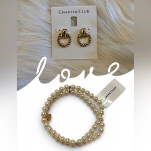 NWT Lot of 2 Charter Club Gold Twisted Earrings and Pearl Bracelet Bundle of 2